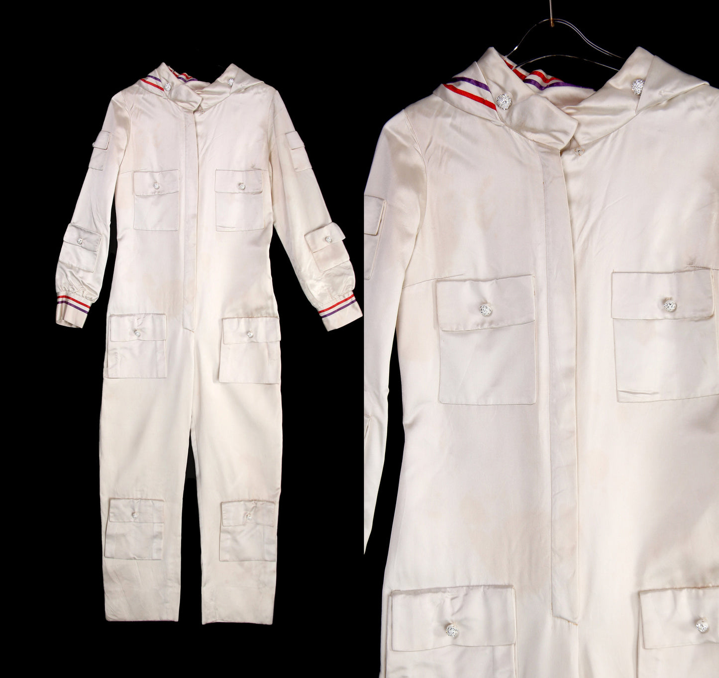 Vintage White Satin Long Sleeve Multi-pocket Jumpsuit - Estimated Era 1970's - 1980's