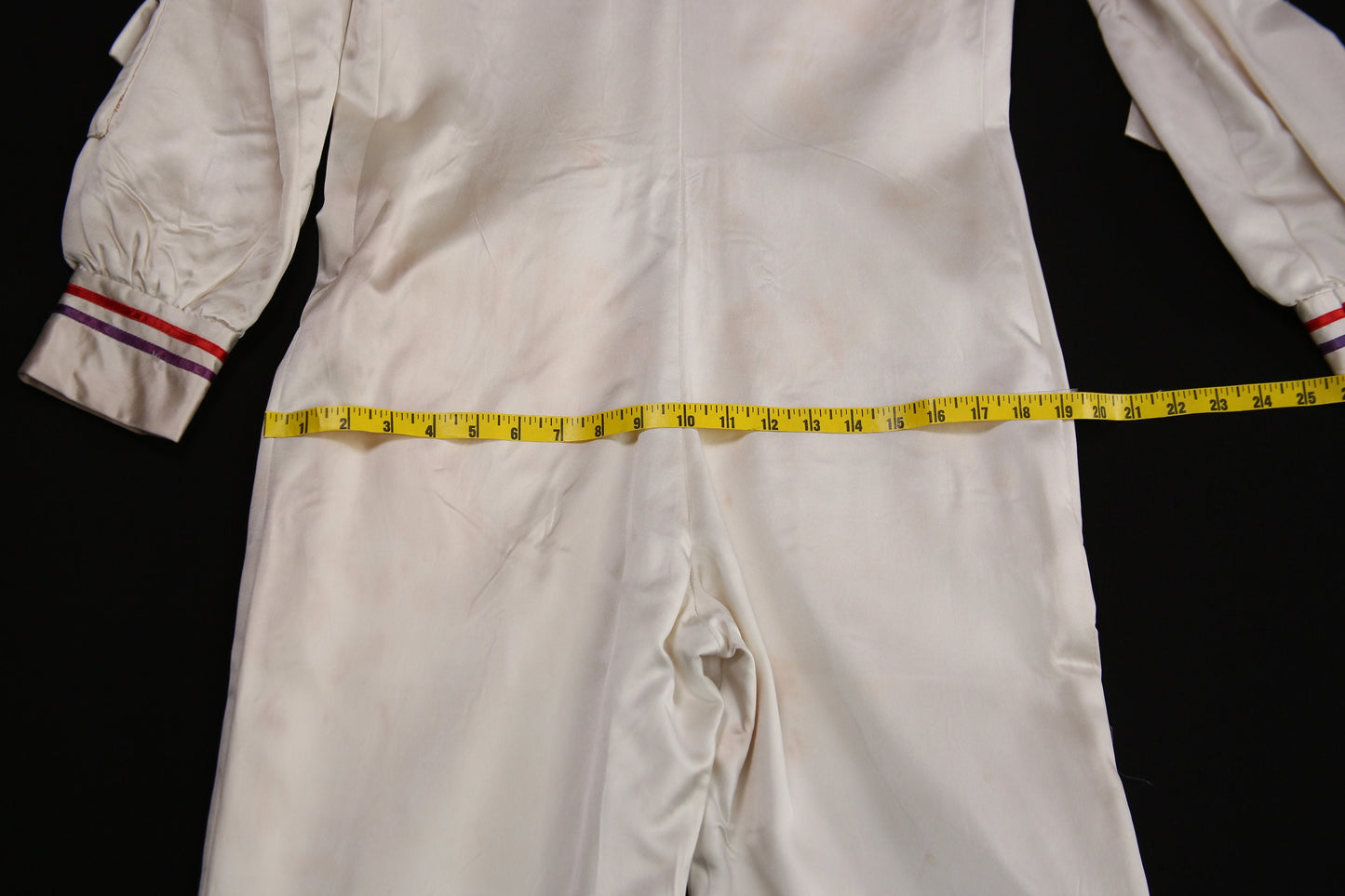 Vintage White Satin Long Sleeve Multi-pocket Jumpsuit - Estimated Era 1970's - 1980's