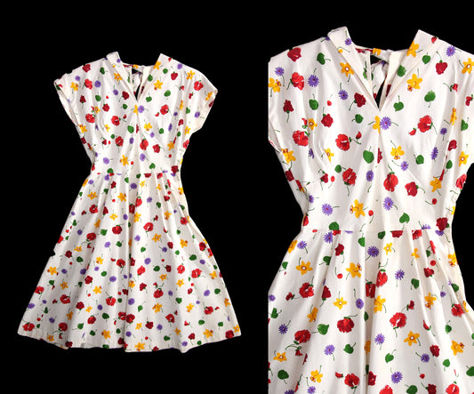 Vintage White Floral Print Casual Dress Sleeveless V Neck Fit and Flare