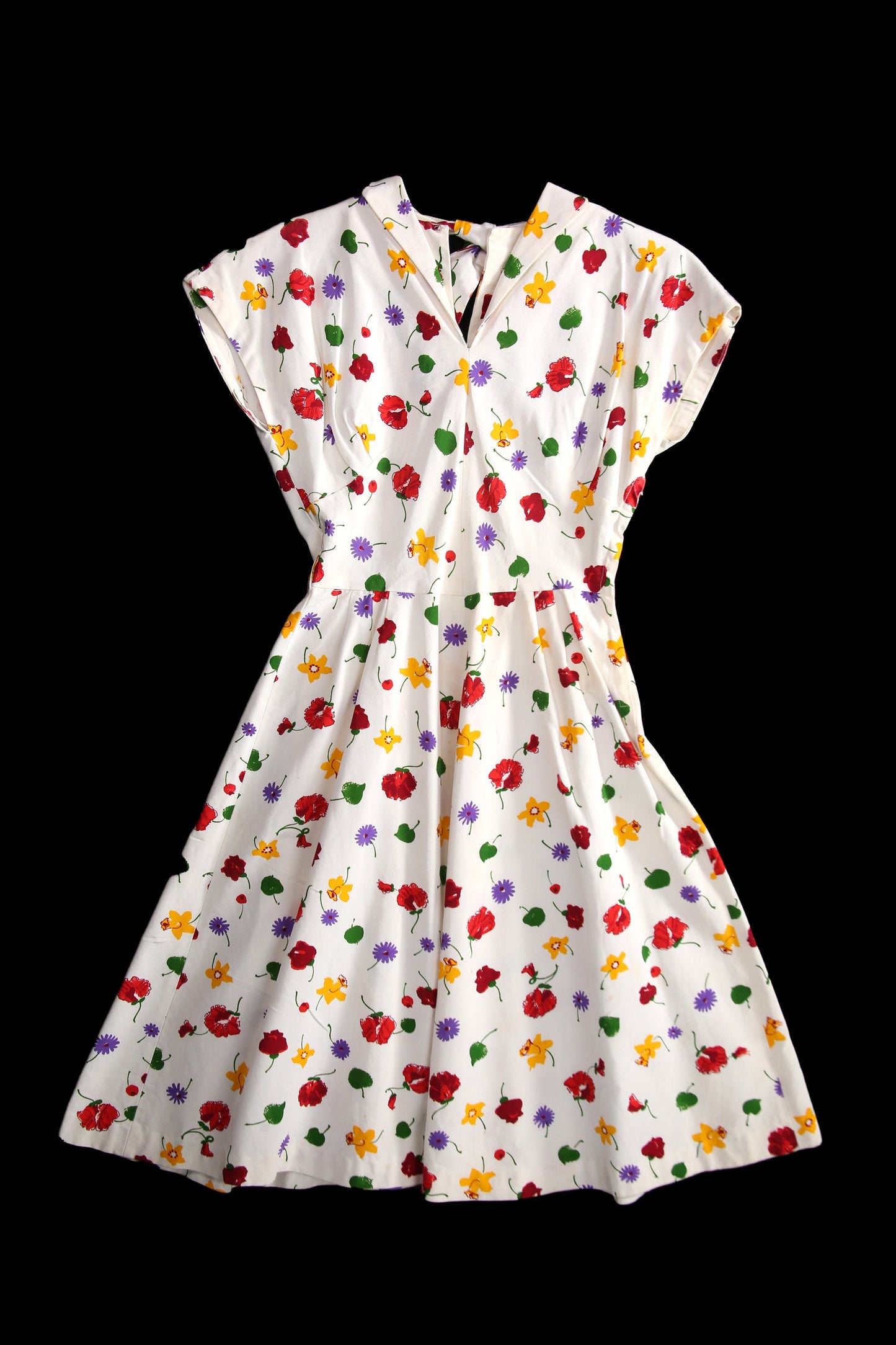 Vintage White Floral Print Casual Dress Sleeveless V Neck Fit and Flare