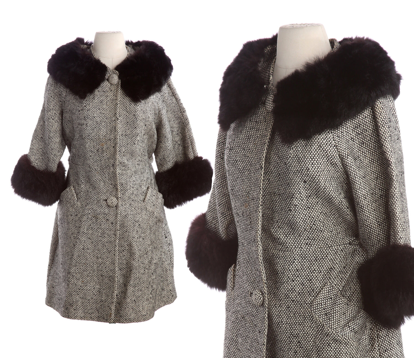 Vintage Women White Plaid Winter Coat with Fur Collar - Estimated Era 1950's - 1960's