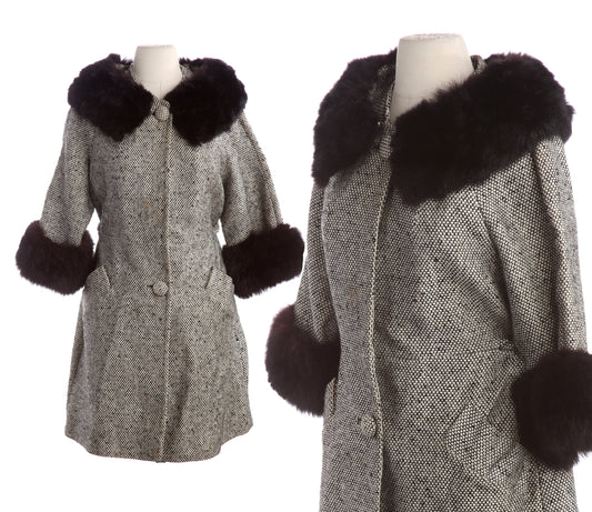 Vintage Women White Plaid Winter Coat with Fur Collar - Estimated Era 1950's - 1960's