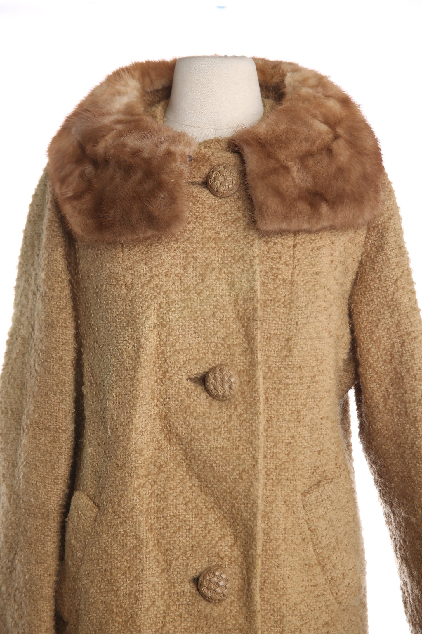 Vintage Beige Winter Coat with Brown Fur - Estimated Era 1950's - 1960's