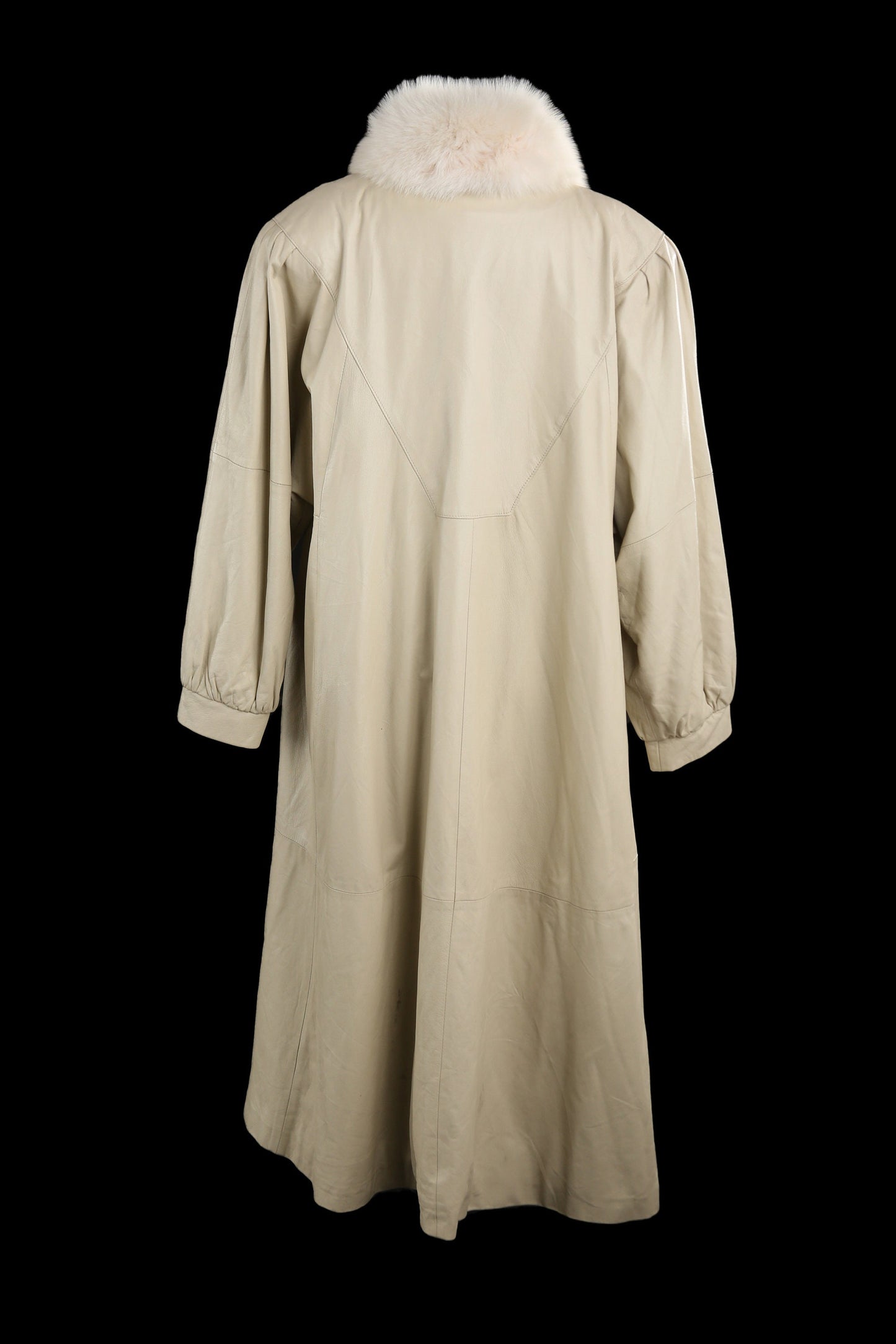 Women White Leather Coat with Fur Collar - Estimated Era 1980's - 1990's
