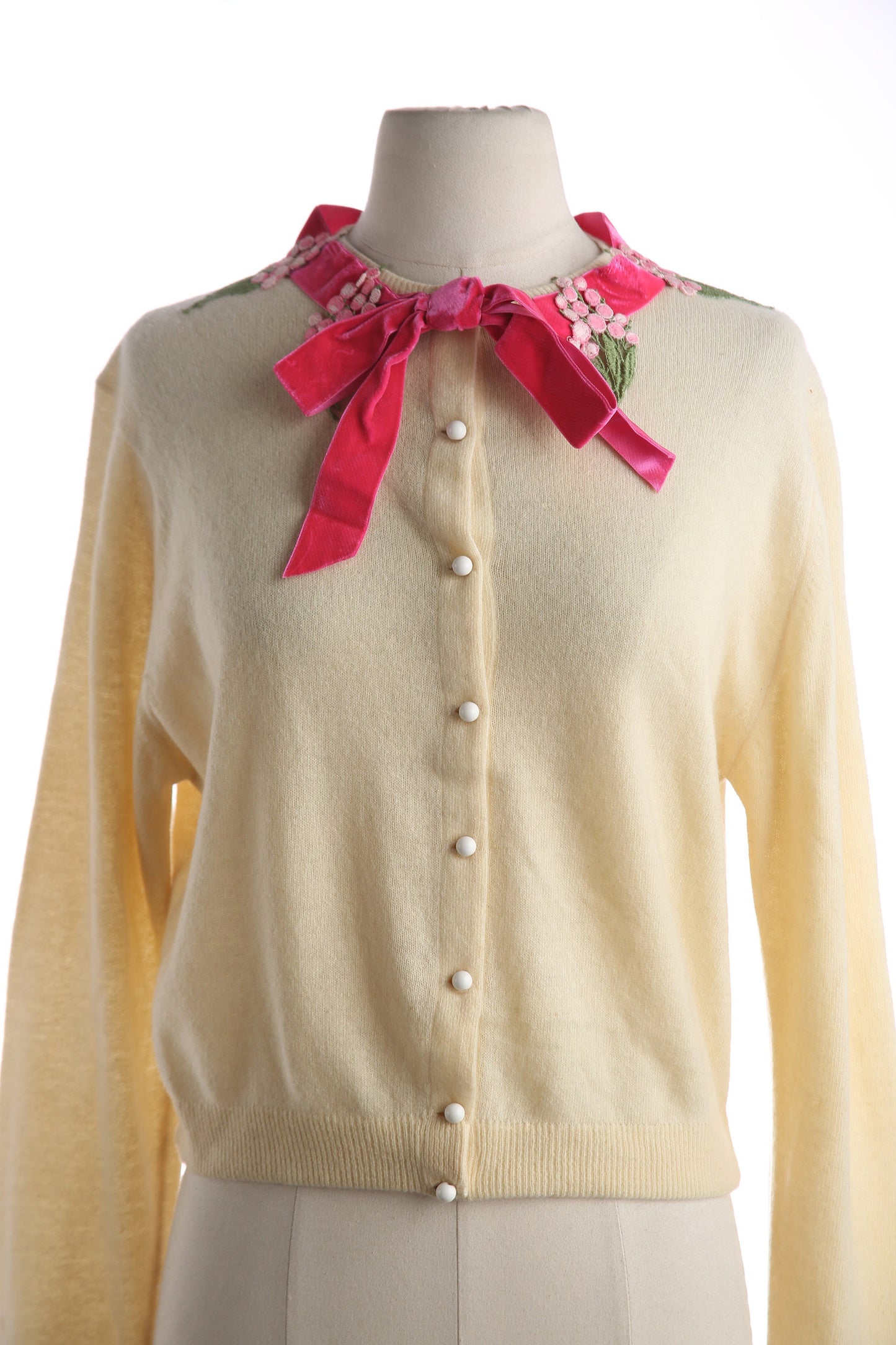 Vintage Women Cardigan Sweater with Pink Ribbon Collar by I. MAGNIN and Co. - Estimated Era 1970's - 1980's