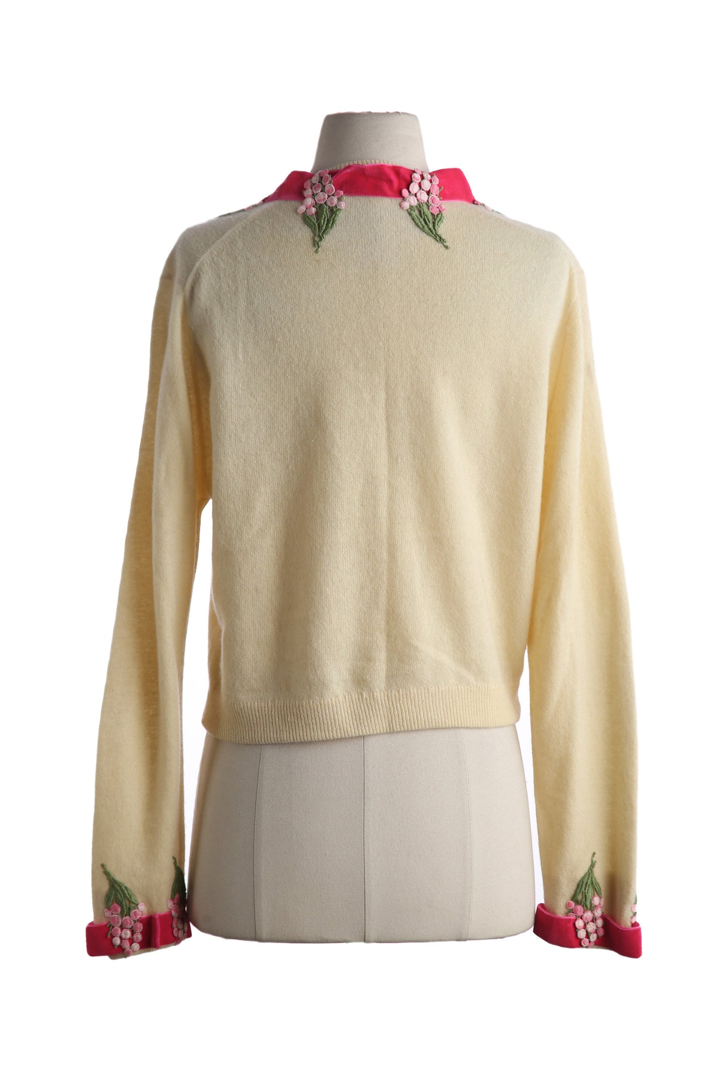 Vintage Women Cardigan Sweater with Pink Ribbon Collar by I. MAGNIN and Co. - Estimated Era 1970's - 1980's