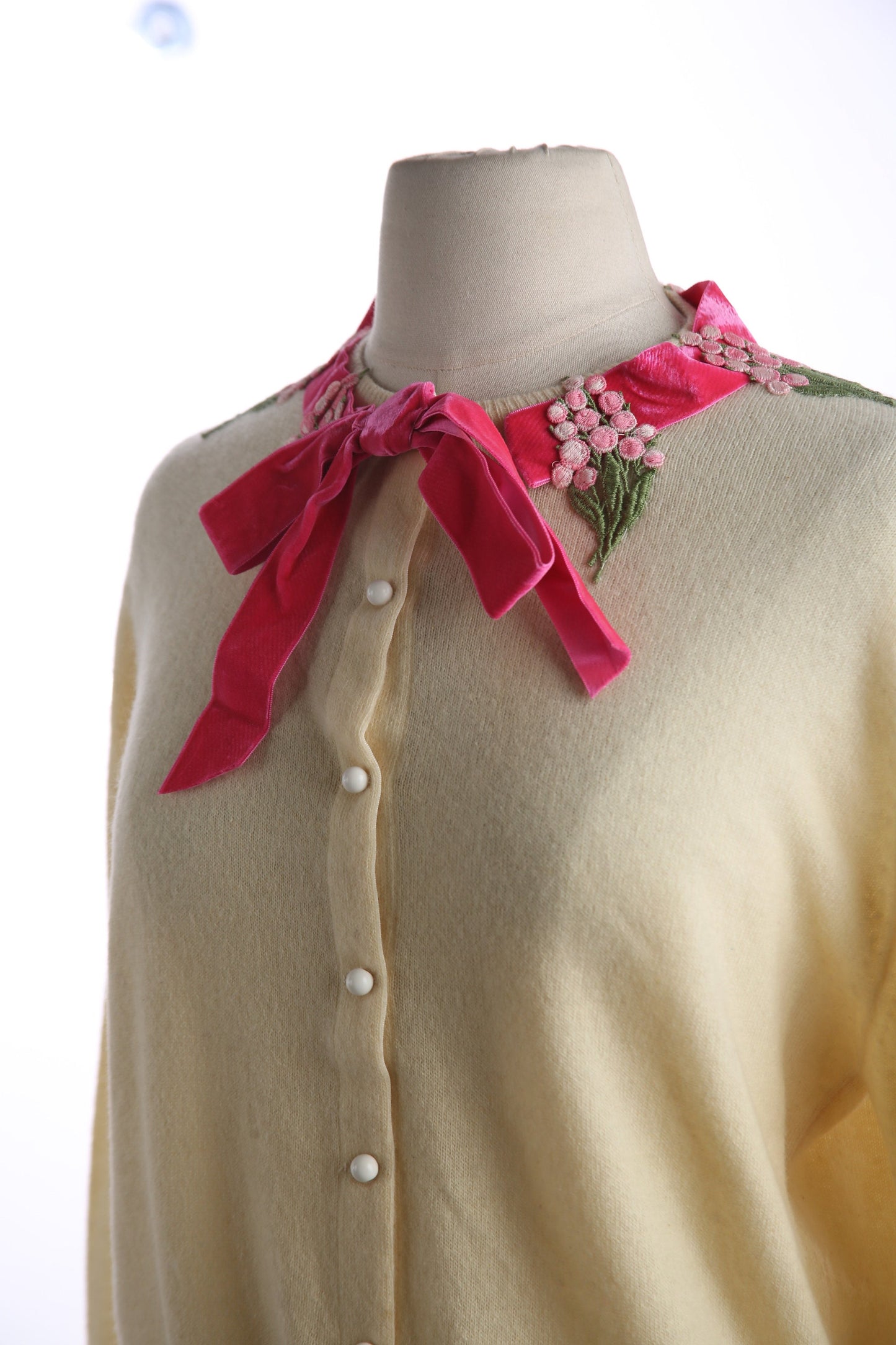 Vintage Women Cardigan Sweater with Pink Ribbon Collar by I. MAGNIN and Co. - Estimated Era 1970's - 1980's