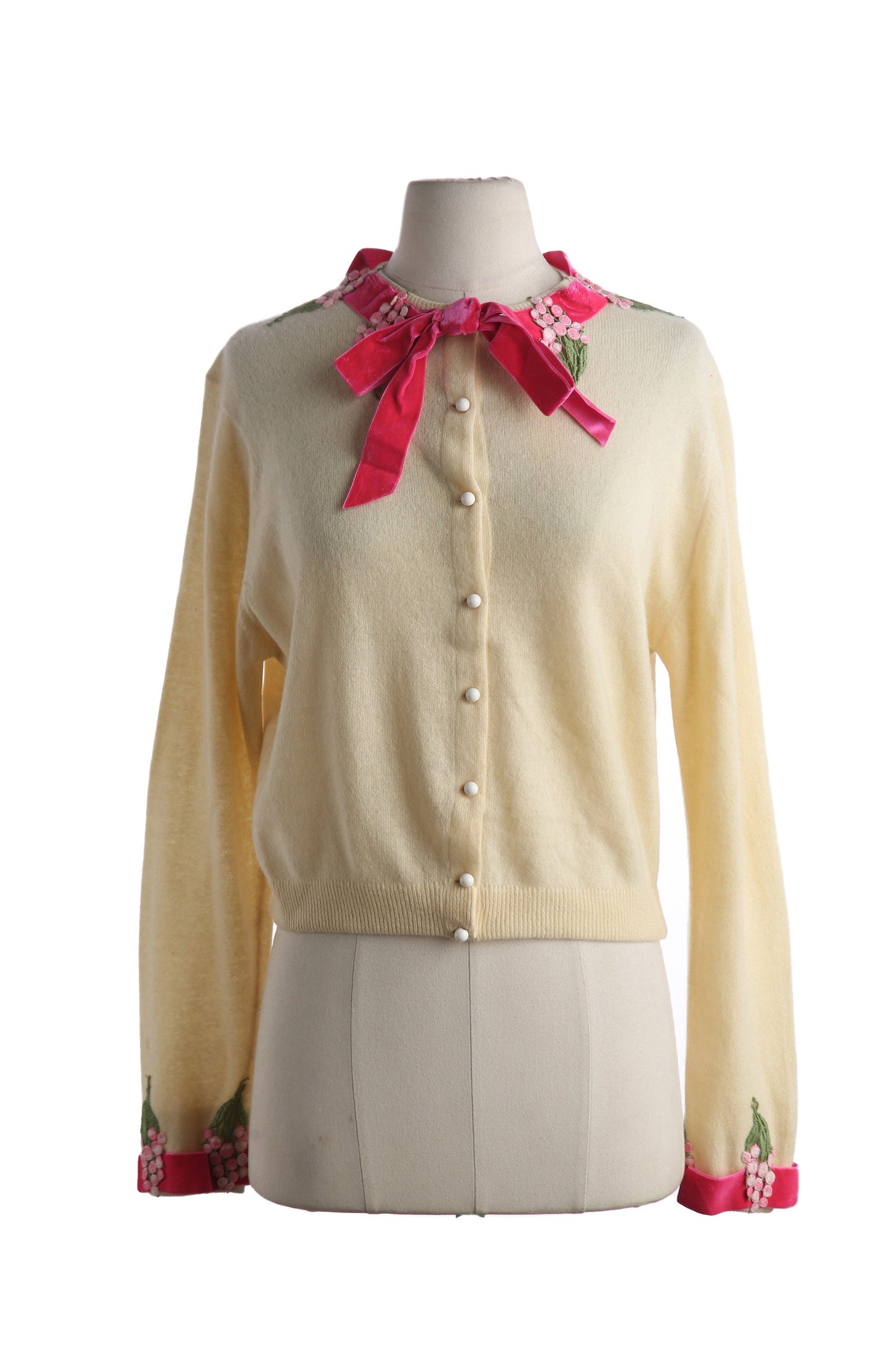 Vintage Women Cardigan Sweater with Pink Ribbon Collar by I. MAGNIN and Co. - Estimated Era 1970's - 1980's