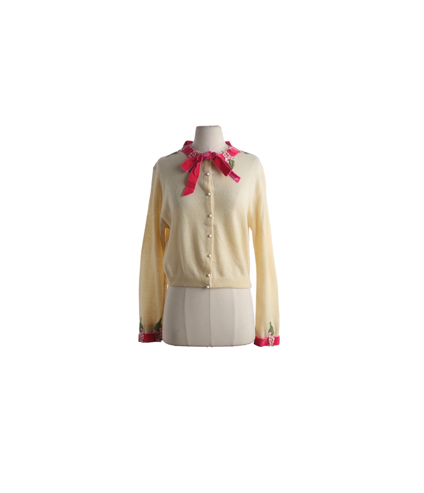 Vintage Women Cardigan Sweater with Pink Ribbon Collar by I. MAGNIN and Co. - Estimated Era 1970's - 1980's