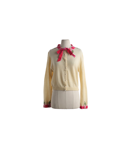 Vintage Women Cardigan Sweater with Pink Ribbon Collar by I. MAGNIN and Co. - Estimated Era 1970's - 1980's