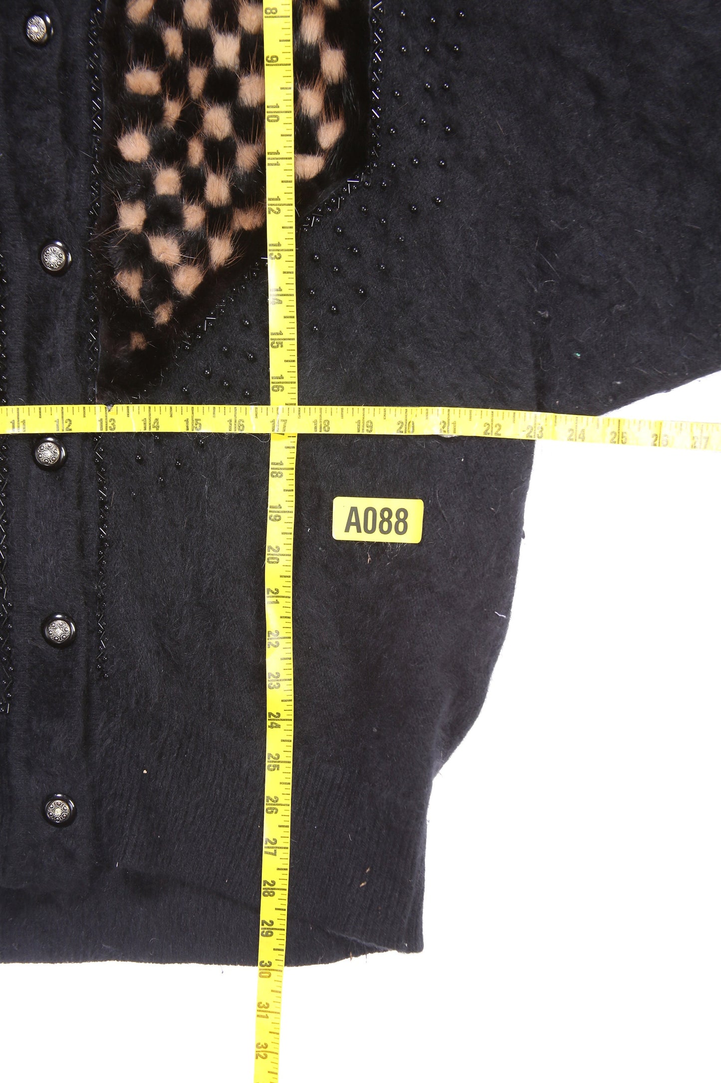 Vintage Women Black Cardigan Sweater with Fur Plaid Front Designs - Estimated Era 1980's - 1990's