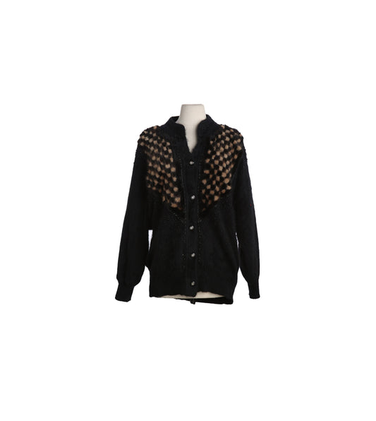 Vintage Women Black Cardigan Sweater with Fur Plaid Front Designs - Estimated Era 1980's - 1990's
