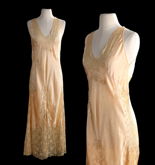 Vintage Nightgown Slip Dress with Floral Lace Desings - Estimated Era 1940's - 19550's