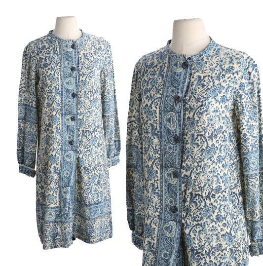 Vintage Women Block Print Blue Paisley Button Down Dress Boho