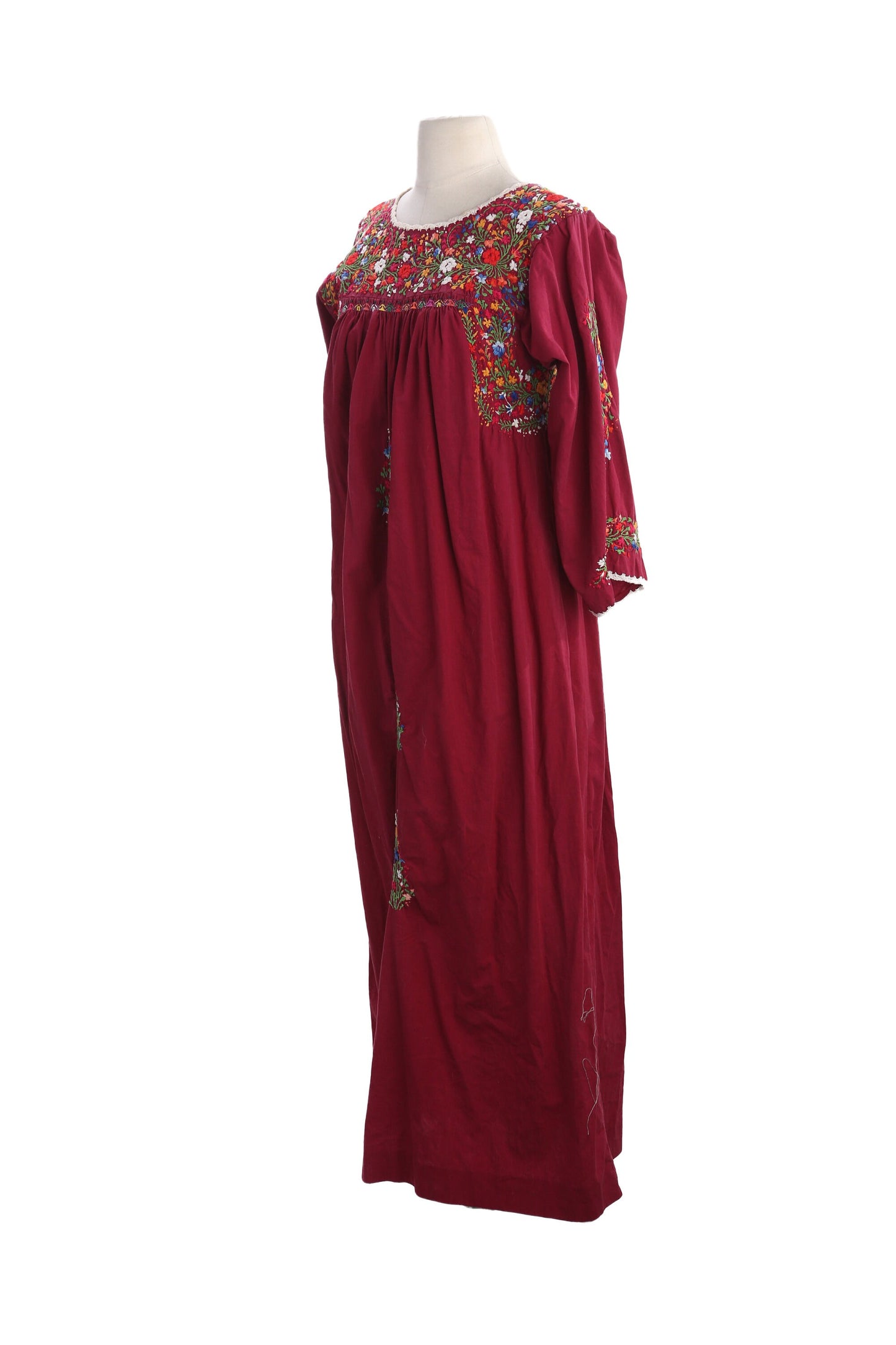 Vintage Women's Red Floral Embroidered Long Sleeve Ethnic Dress by Vagabond Imports Handmade in Mexico