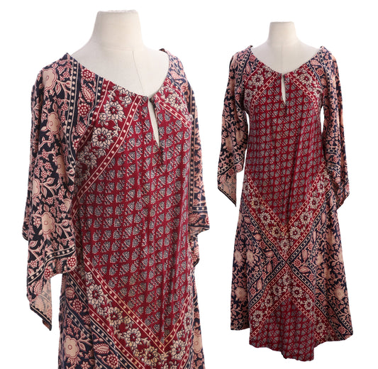 Vintage Women's Floral Block Print Bohemian Red Long Sleeve Dress A Line Shape - Estimated Era 1970's - 1980's