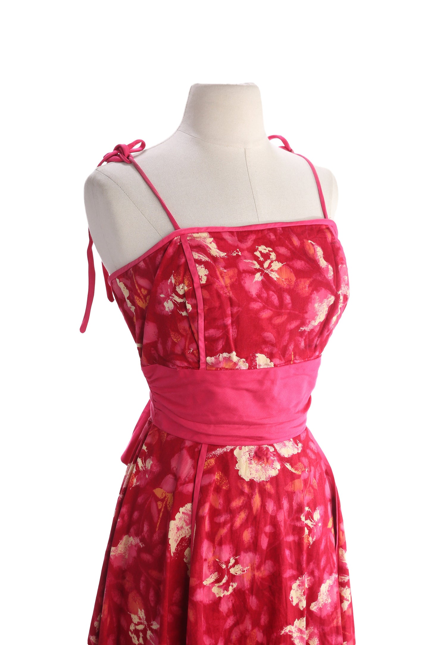 Vintage Hawaiian Dress - Red Floral Print - Estimated Era 1940's - 1950's