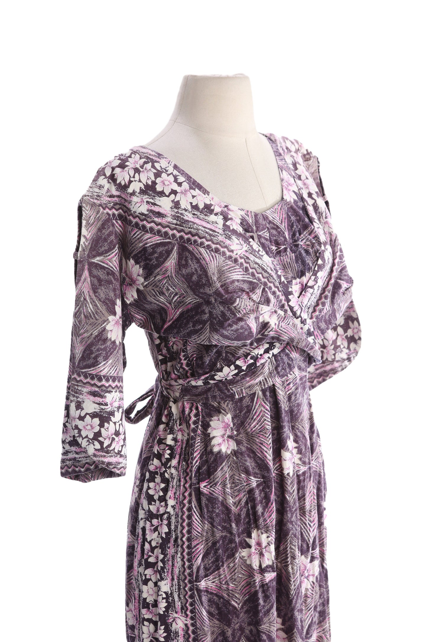 Vintage Hawaiian Dress Long Floral Purple Print Half Long Sleeve Estimated Era 1940's - 1950's