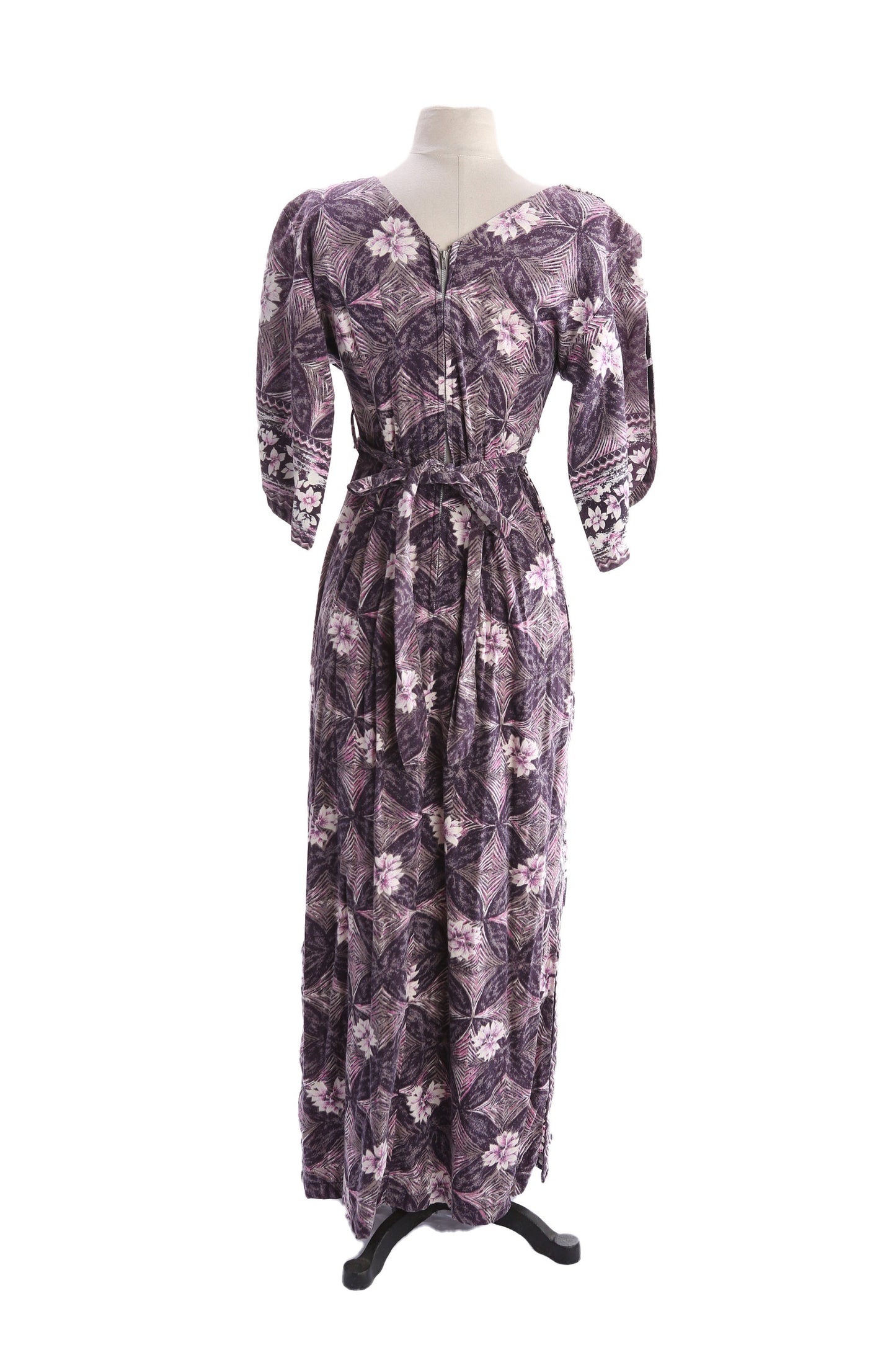 Vintage Hawaiian Dress Long Floral Purple Print Half Long Sleeve Estimated Era 1940's - 1950's