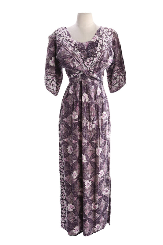 Vintage Hawaiian Dress Long Floral Purple Print Half Long Sleeve Estimated Era 1940's - 1950's