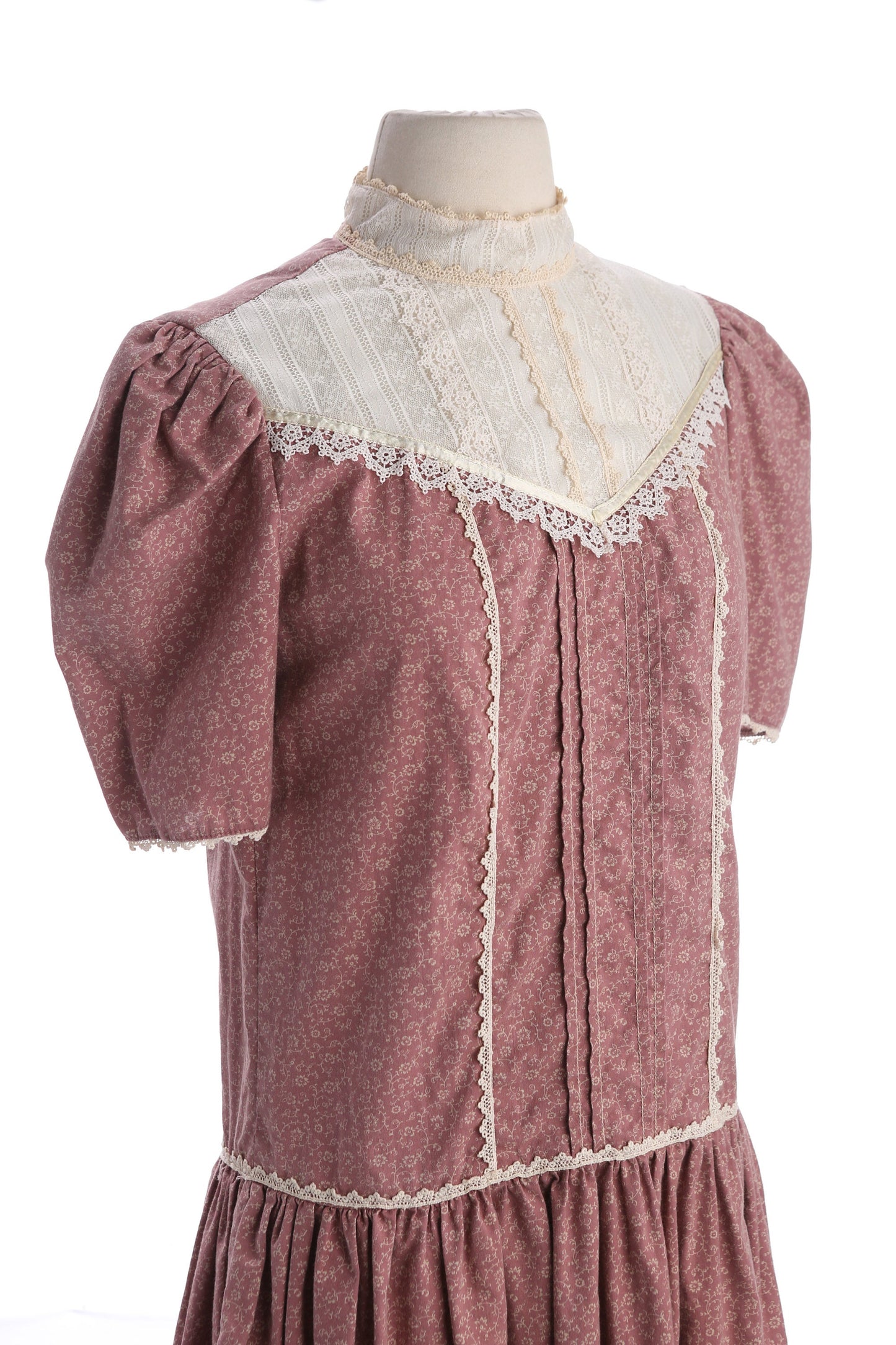 Vintage Woman's Floral Print Brown Casual Dress Short Sleeve White Lace Collar