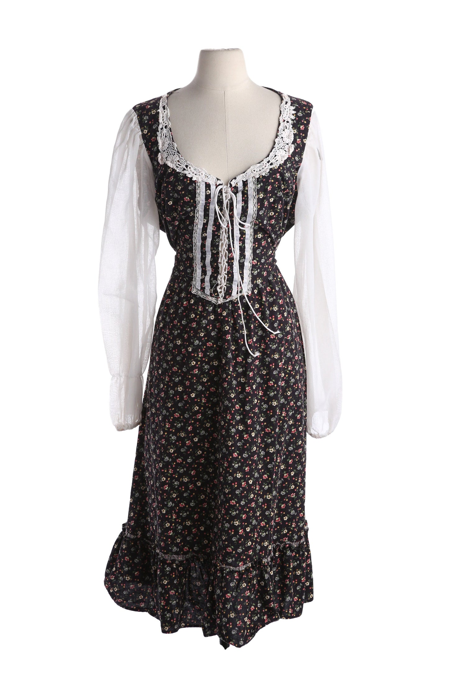 Vintage Floral Print Black Prairie Dress Long White Sleeves