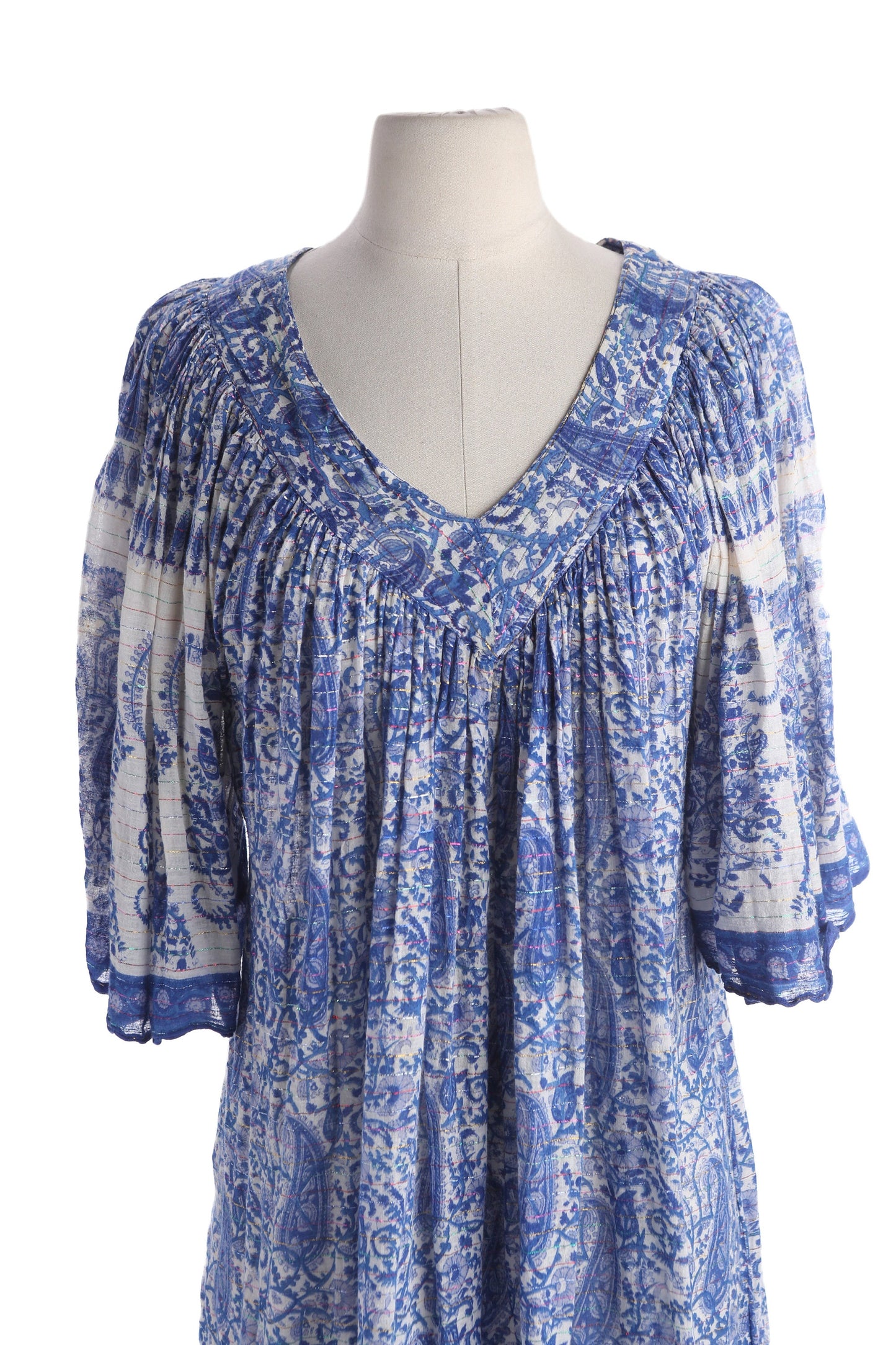 Vintage Paisley Block Print Blue Boho Blouson Dress