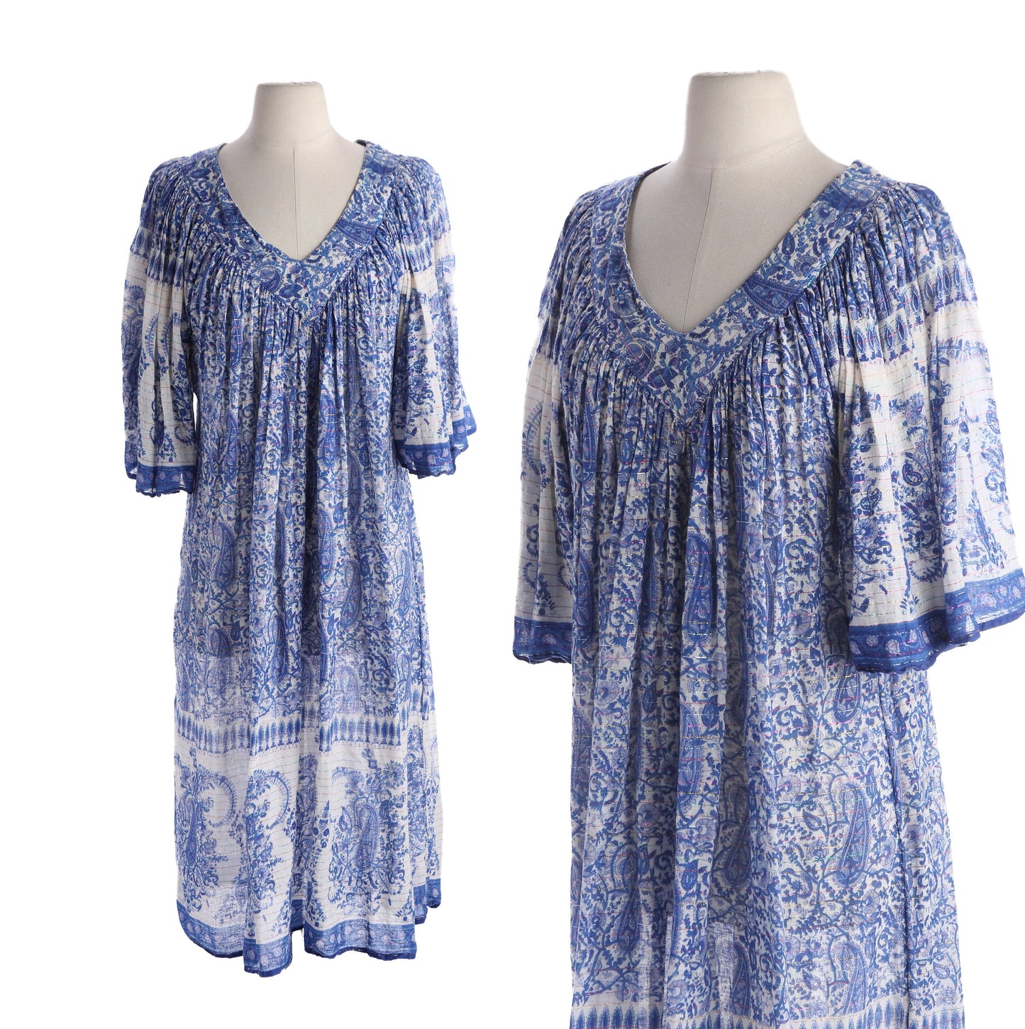Vintage Paisley Block Print Blue Boho Blouson Dress