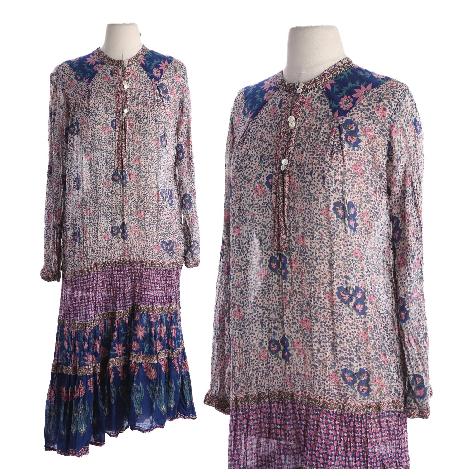 Vintage Boho Indian Dress with Floral Block Print Sheer Fabric Long Sleeve