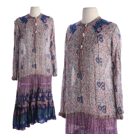 Vintage Boho Indian Dress with Floral Block Print Sheer Fabric Long Sleeve