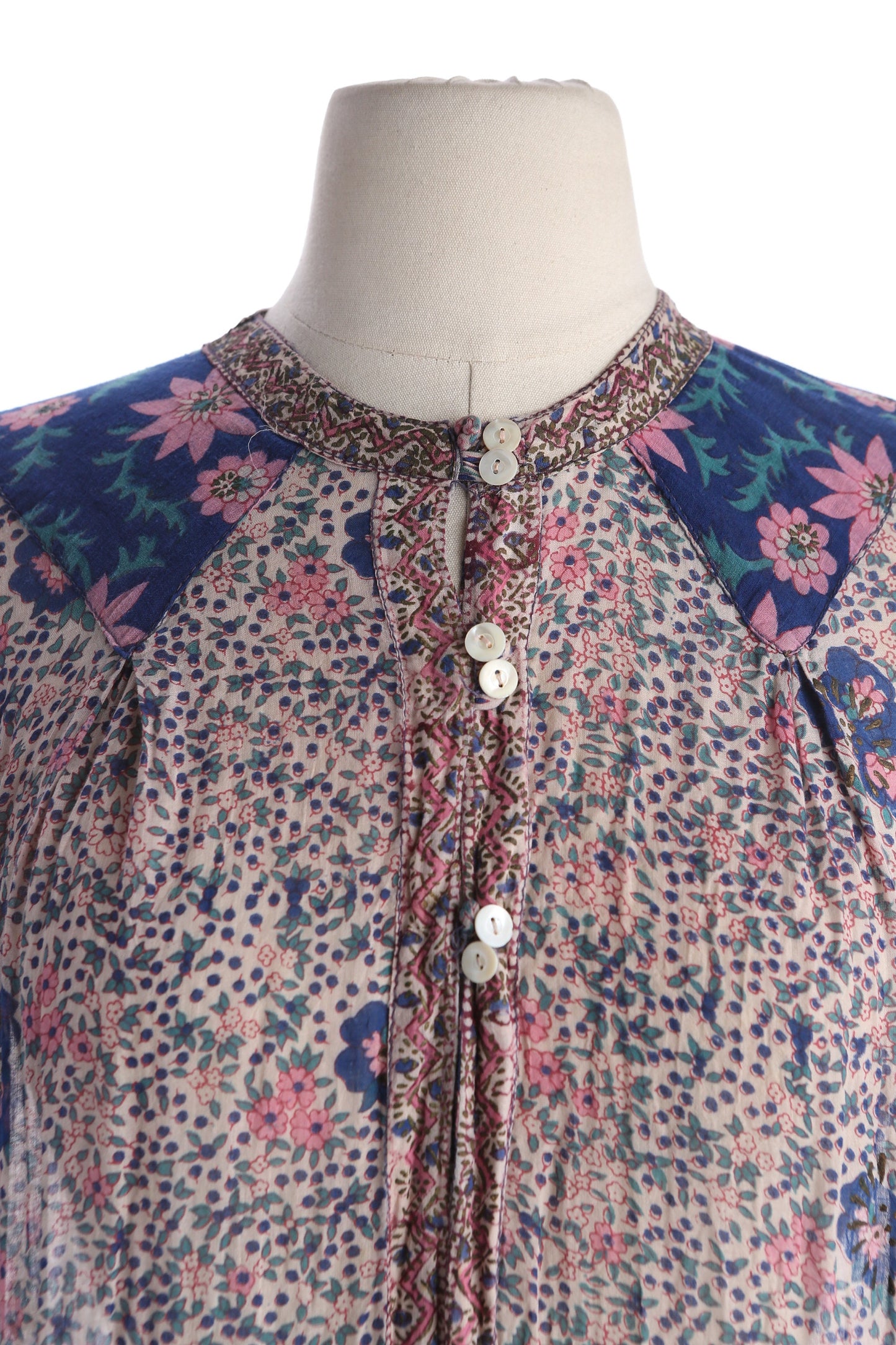 Vintage Boho Indian Dress with Floral Block Print Sheer Fabric Long Sleeve