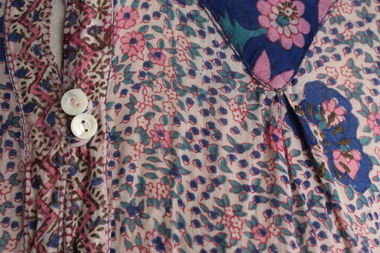 Vintage Boho Indian Dress with Floral Block Print Sheer Fabric Long Sleeve