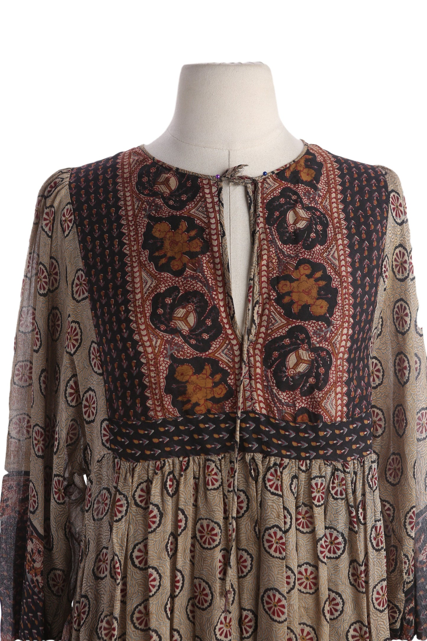 Vintage Women Silk Floral Hand Block Print Boho Dress by Phool - Estimated Era 1960's - 1970's