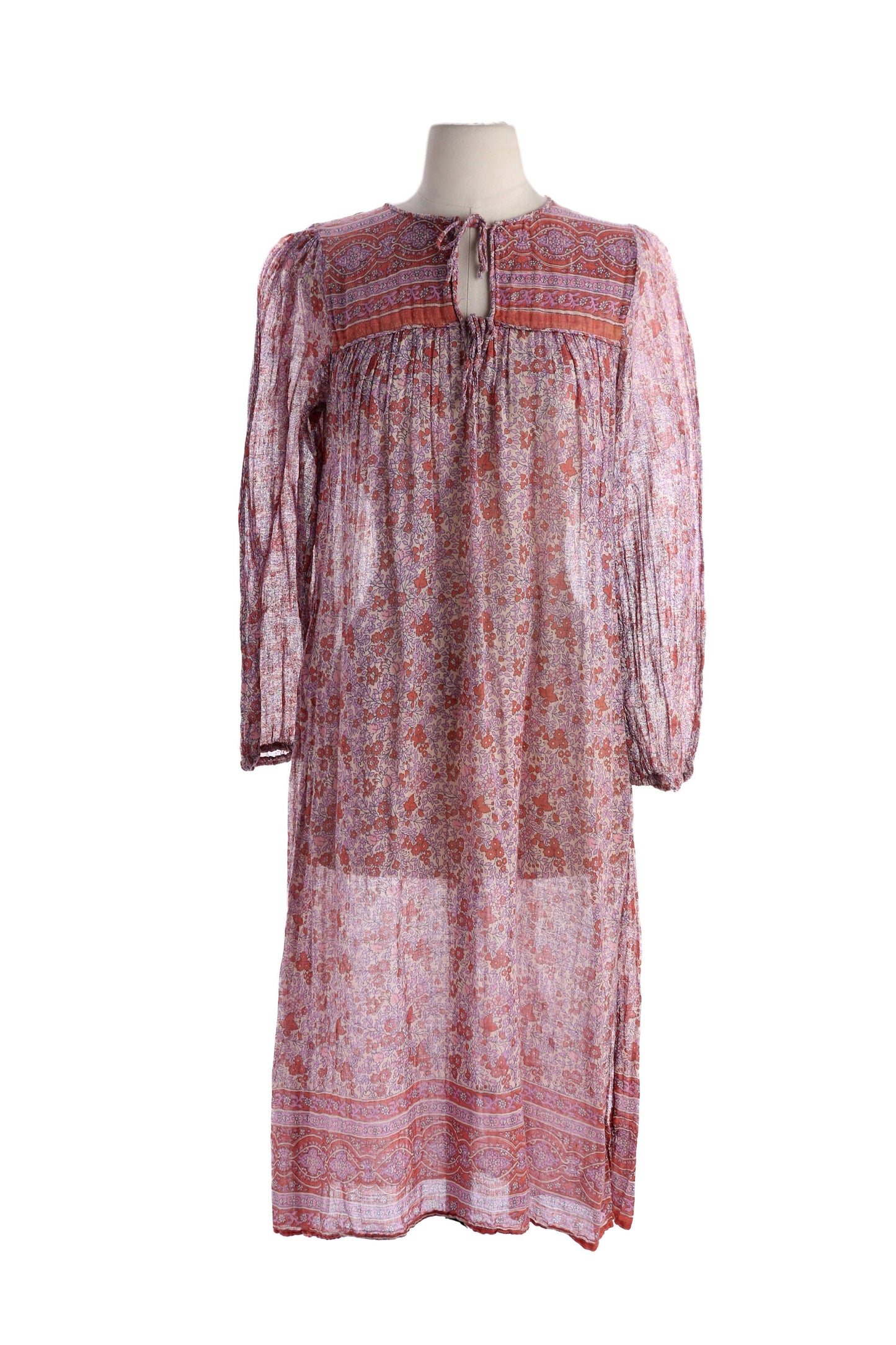 Vintage Floral Print Boho Long Sleeve Sheer Dress- Made in India