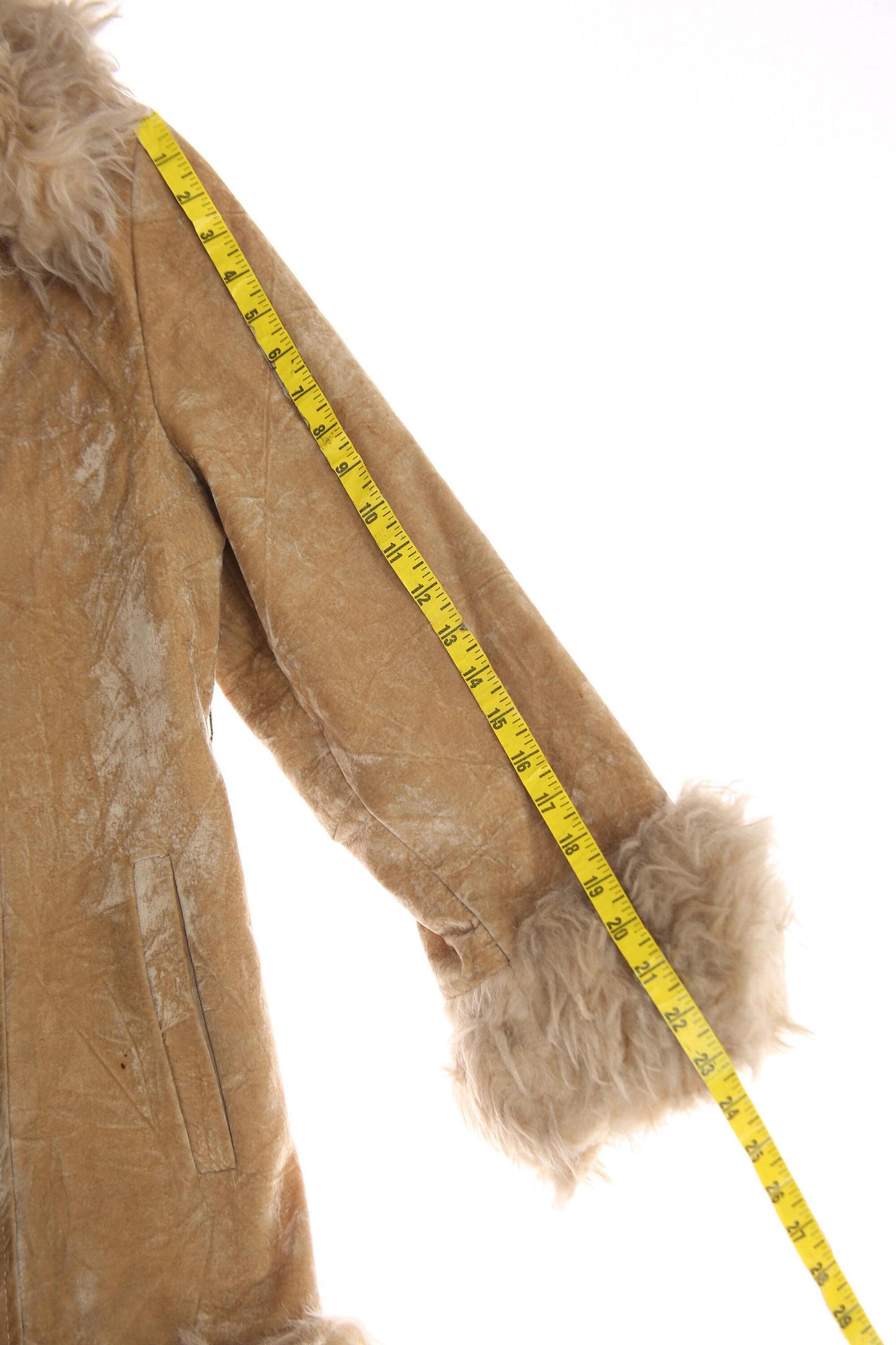 Vintage Women Beige Winter Coat with Faux Fur Collar - Estimated Era 1960's - 1970's