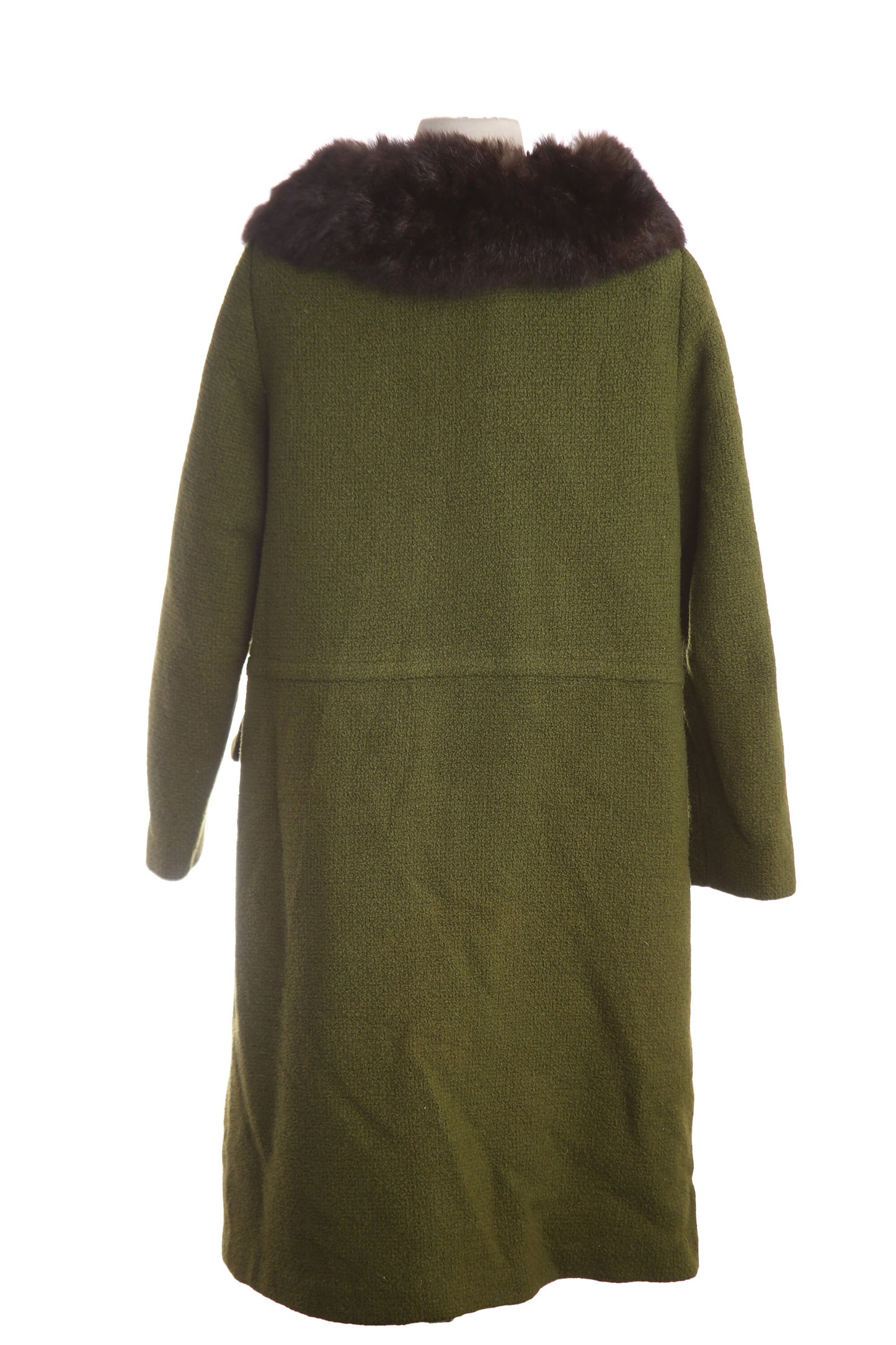 Vintage Women's Green Winter Coat with Brown Fur Collar - Estimated Era 1950's - 1960's