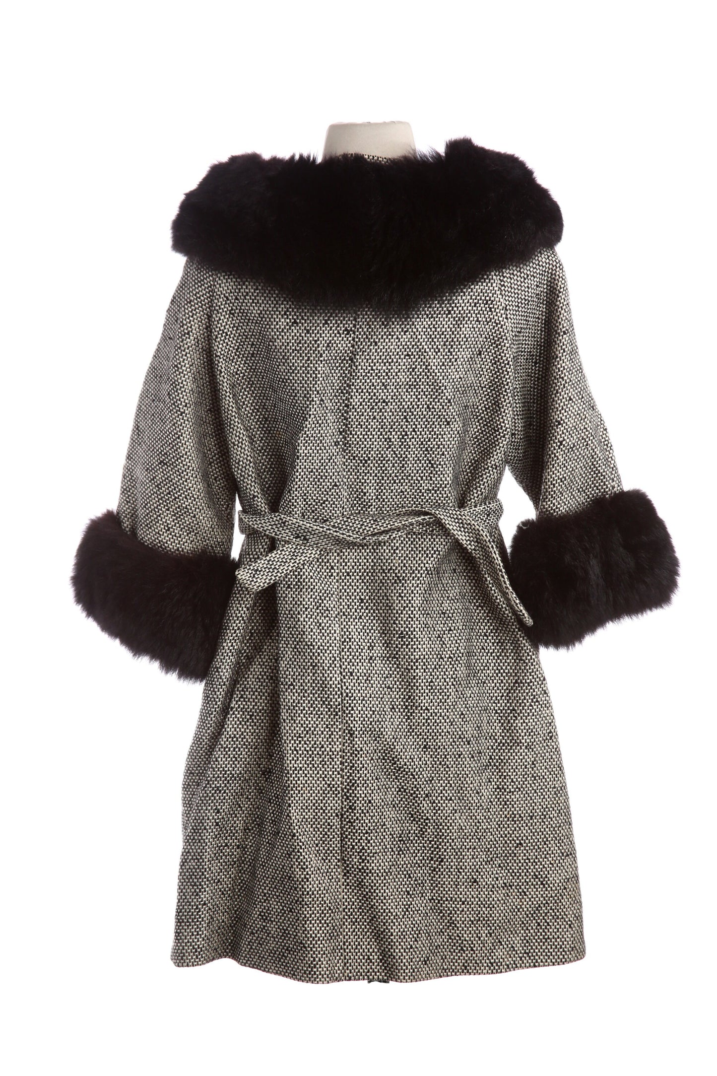 Vintage Women White Plaid Winter Coat with Fur Collar - Estimated Era 1950's - 1960's