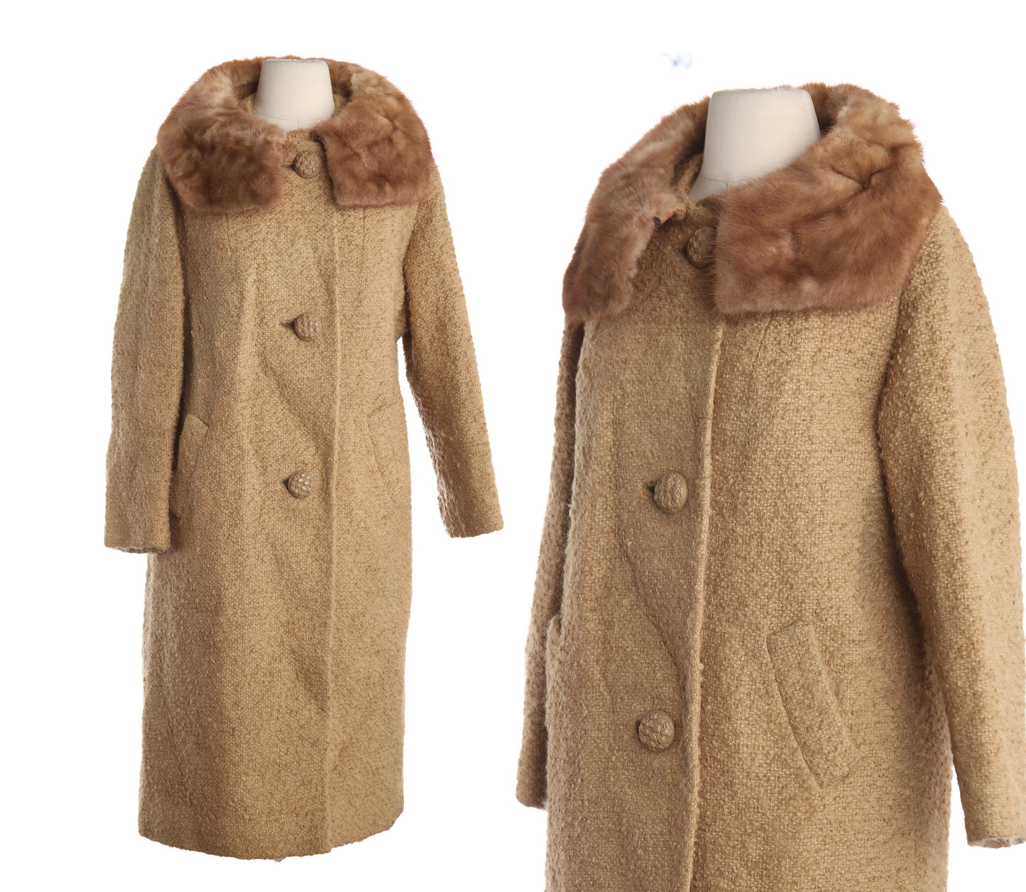 Vintage Beige Winter Coat with Brown Fur - Estimated Era 1950's - 1960's