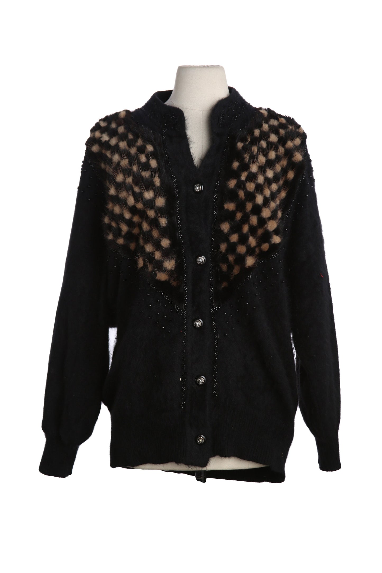 Vintage Women Black Cardigan Sweater with Fur Plaid Front Designs - Estimated Era 1980's - 1990's