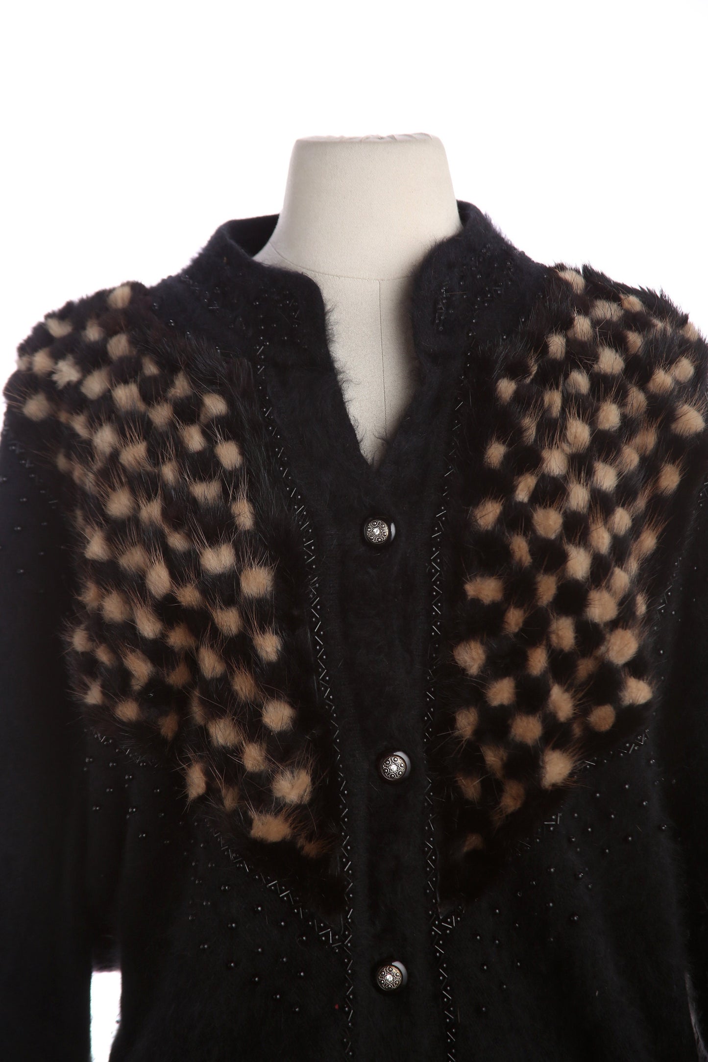 Vintage Women Black Cardigan Sweater with Fur Plaid Front Designs - Estimated Era 1980's - 1990's