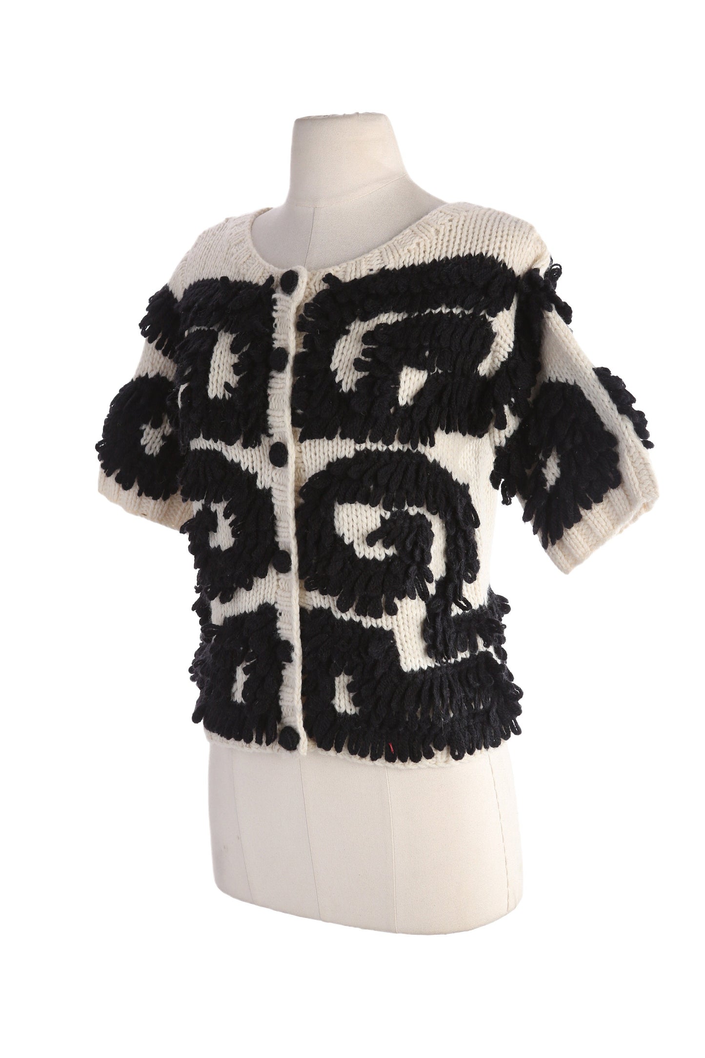 Vintage Women White Cardigan Sweater with Black Embroidered Designs by Clarie and Robin - Estimated Era 1980's - 1990's