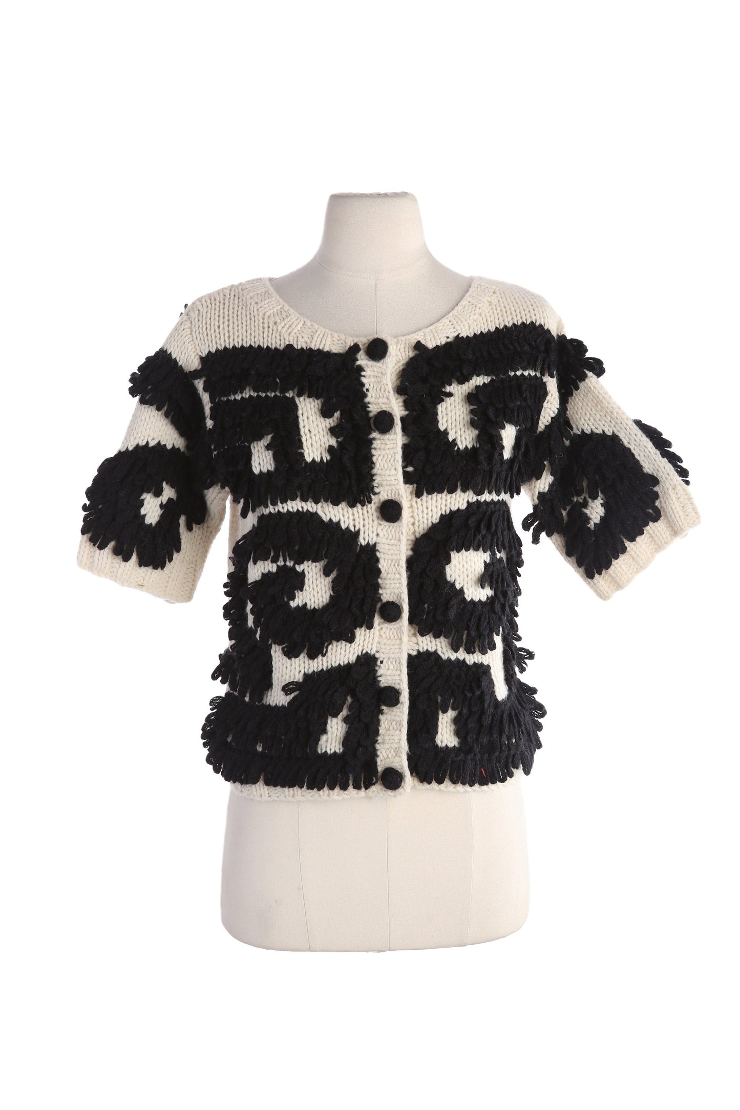 Vintage Women White Cardigan Sweater with Black Embroidered Designs by Clarie and Robin - Estimated Era 1980's - 1990's