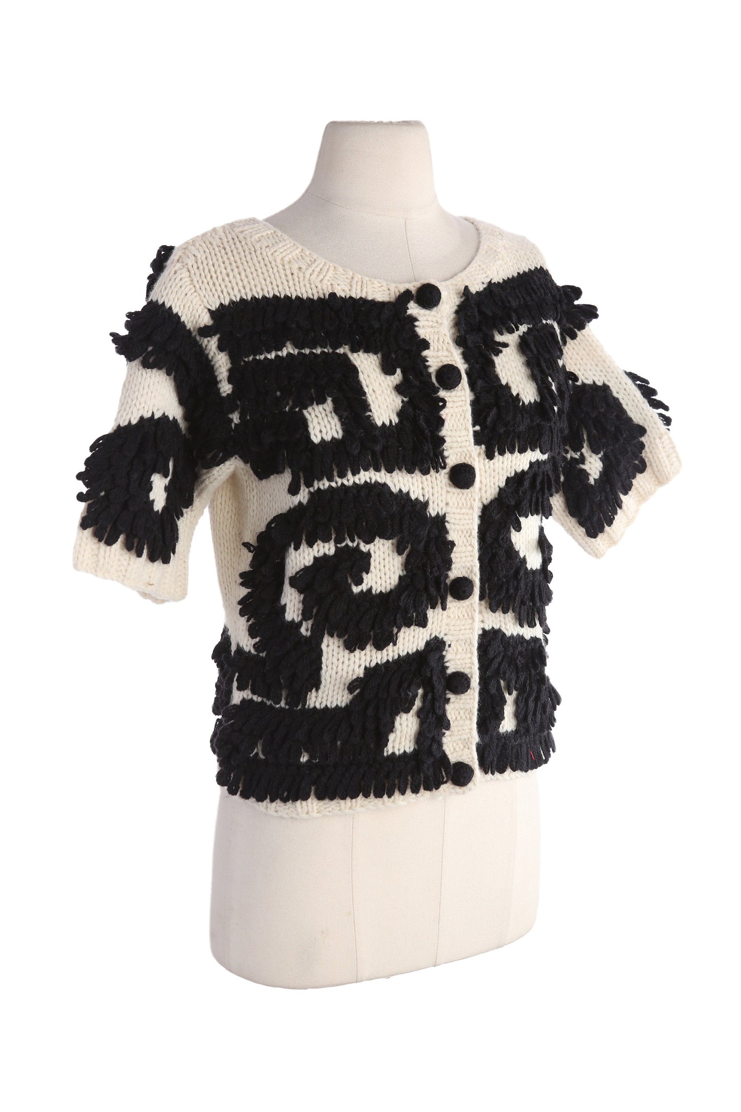 Vintage Women White Cardigan Sweater with Black Embroidered Designs by Clarie and Robin - Estimated Era 1980's - 1990's