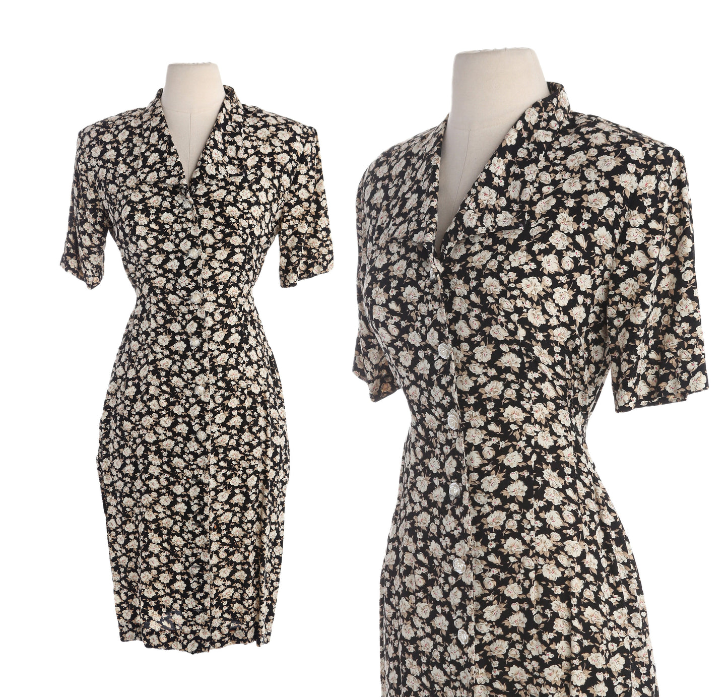 90s Floral Print Black Casual Dress