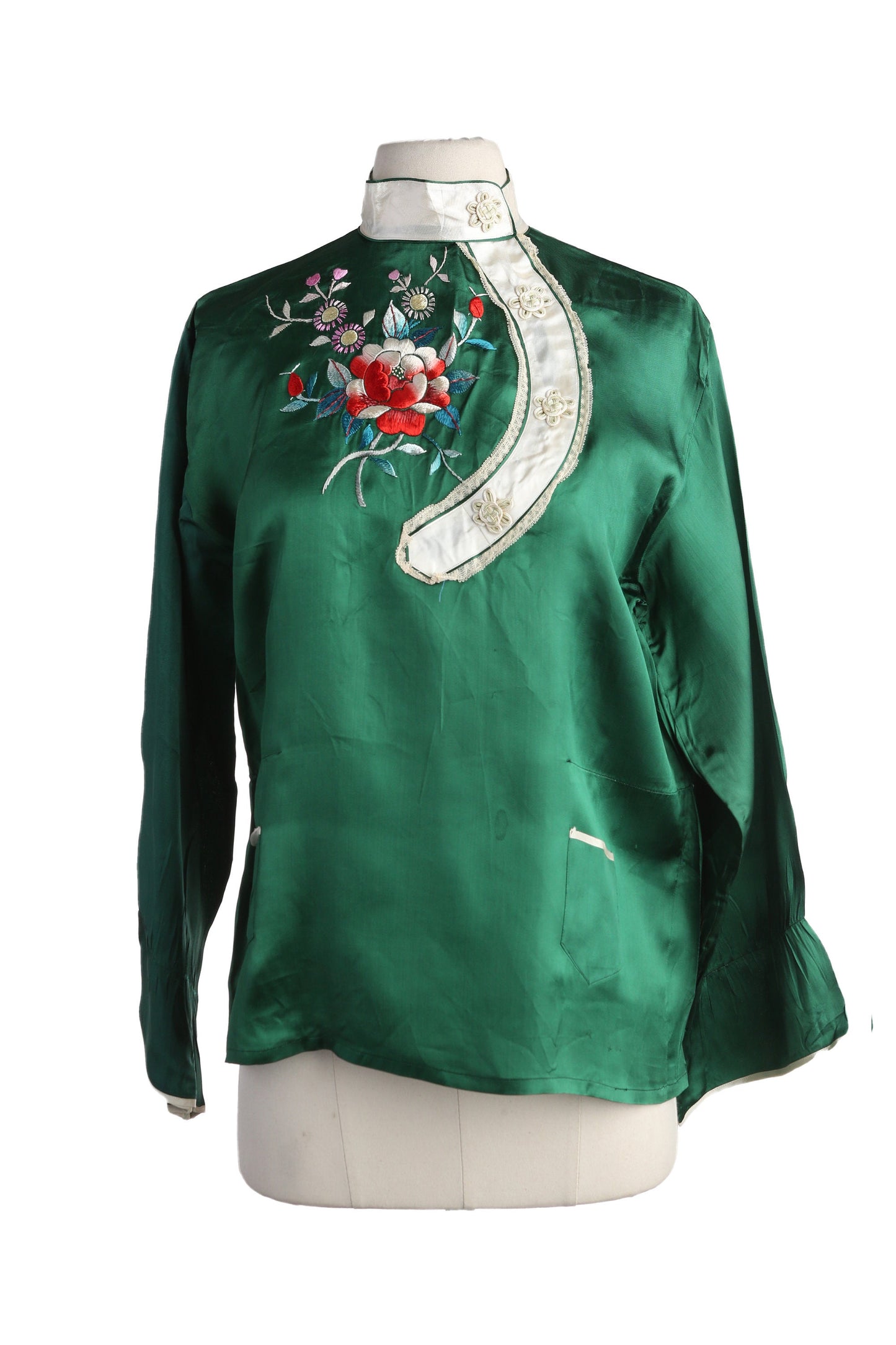 Vintage Women's Green Satin Cheongsam Blouse with Flower embroidered Design - Estimated Era 1960's - 1970's