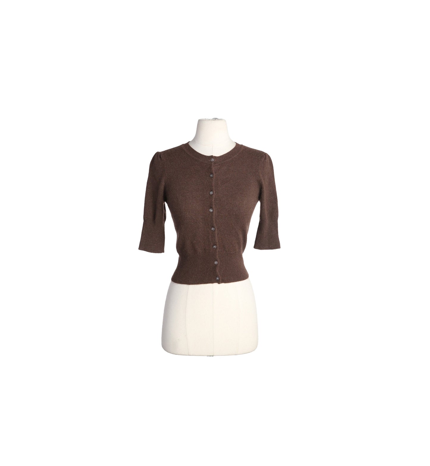 Women's Brown 3/4 Sleeve Cardigan Crew Neck Cashmere Sweater