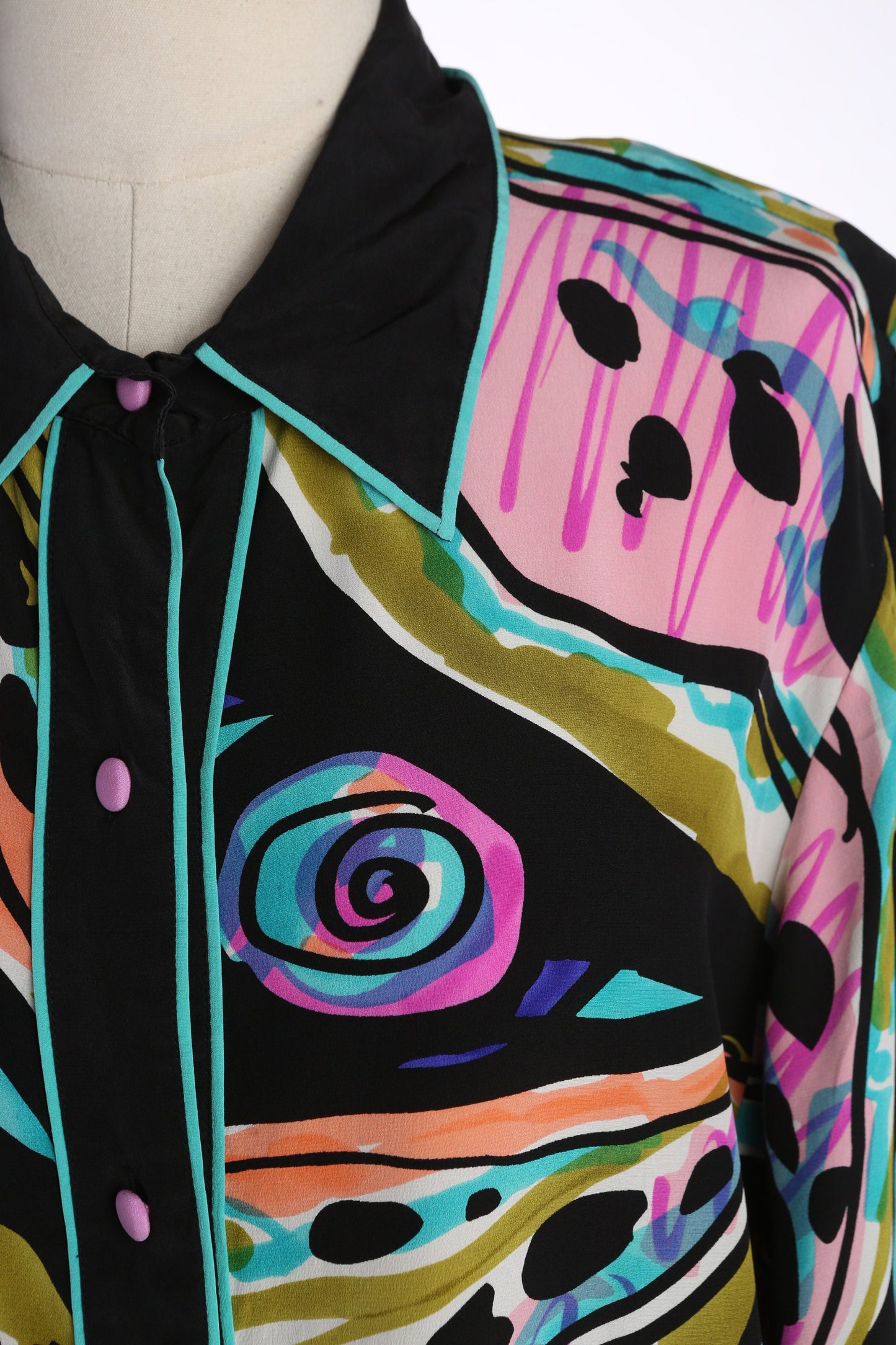 Vintage Women Silk Blouse with Abstract Print by Bob Mackie - Estimated Era 1980's - 1990's