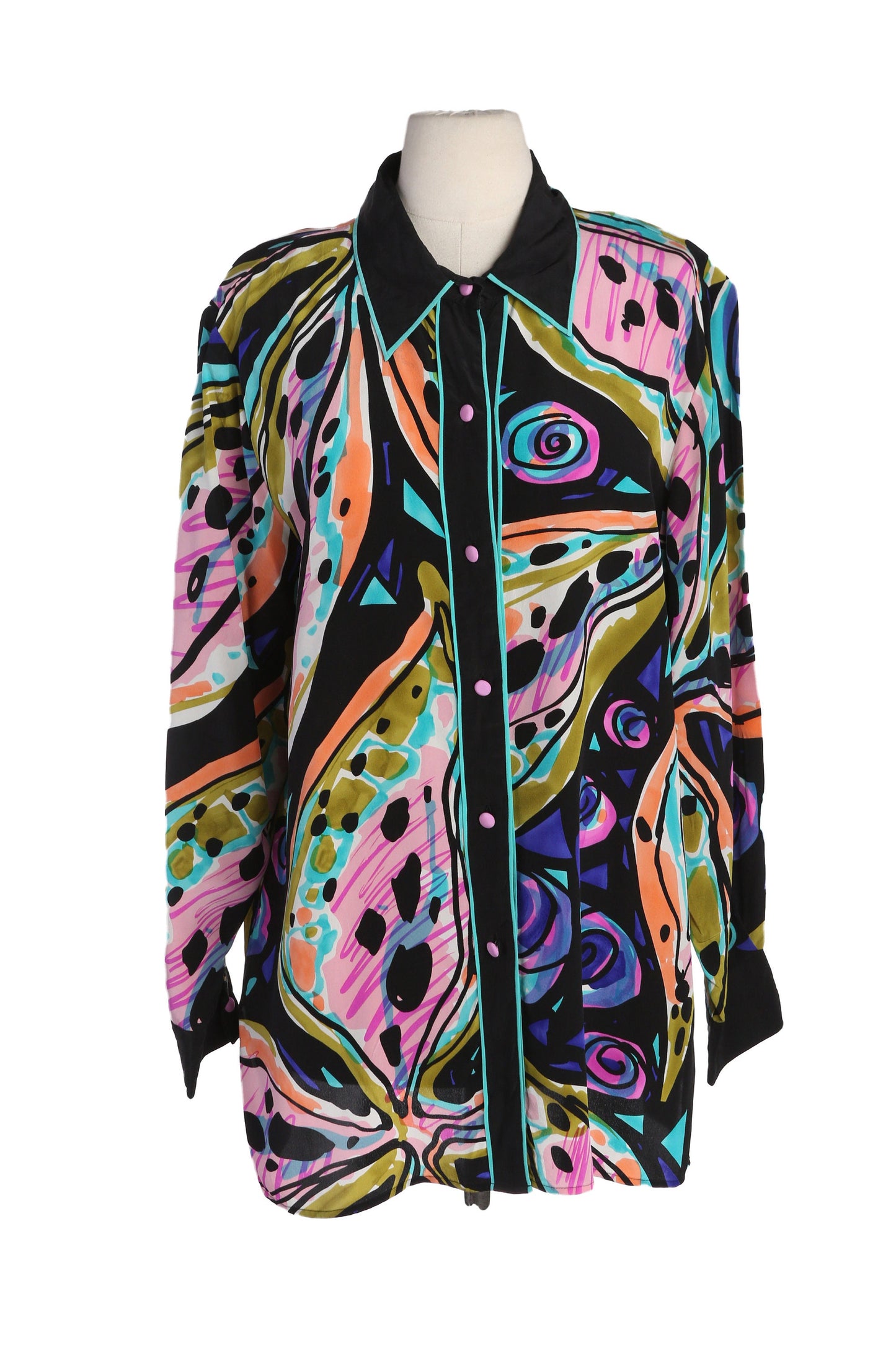 Vintage Women Silk Blouse with Abstract Print by Bob Mackie - Estimated Era 1980's - 1990's
