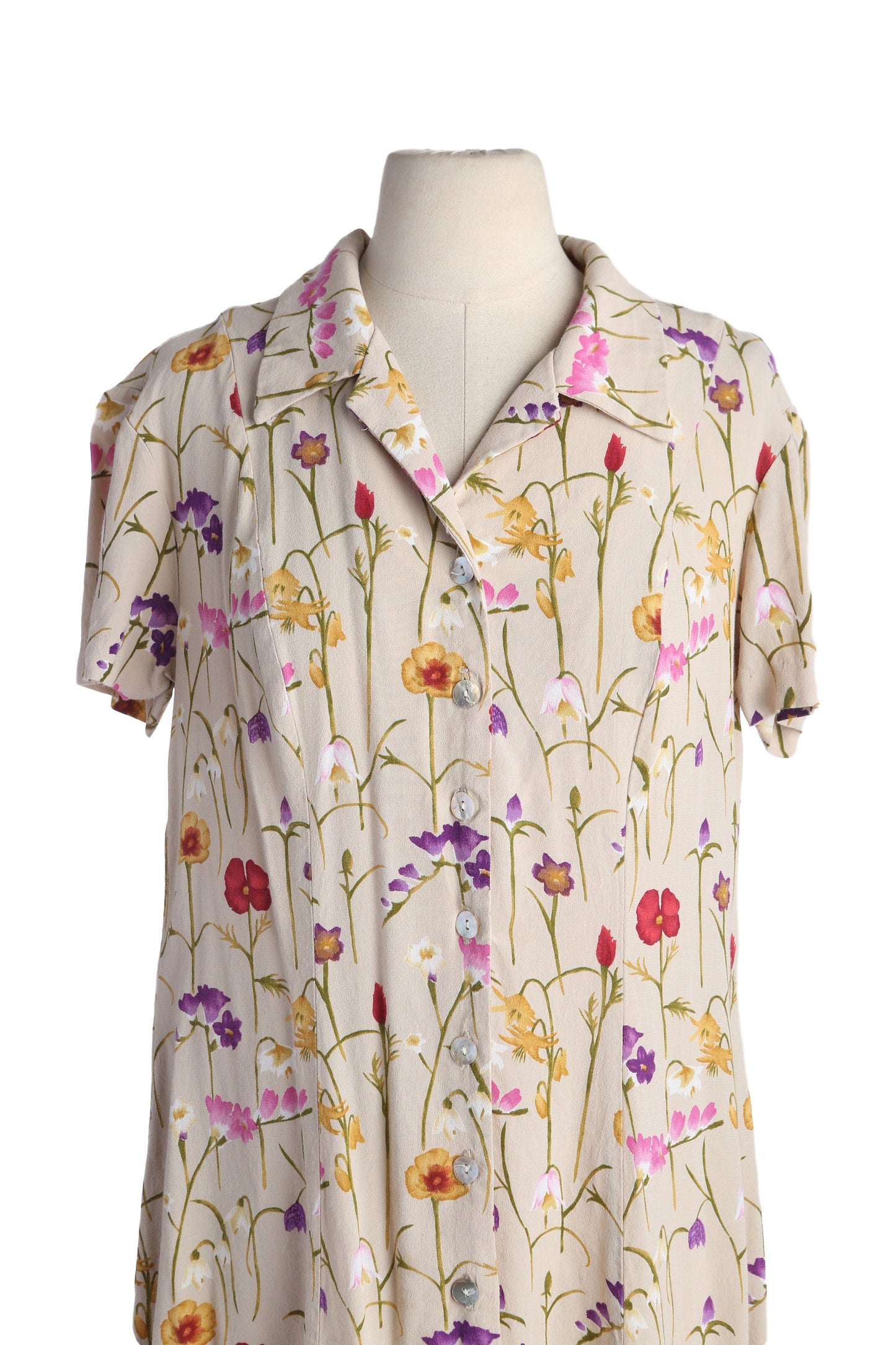 90s Women Beige Floral Print Summer Dress - Made in USA -