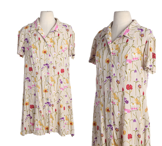 90s Women Beige Floral Print Summer Dress - Made in USA -